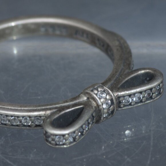Pandora - Vintage Sterling Silver CZ Bow Ring - Size 6 - Picture 1 of 7